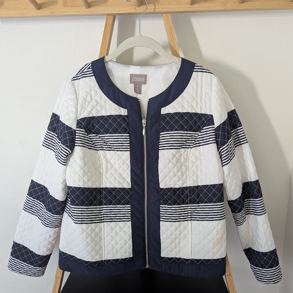 Chico's Women's Quilted Jacket - Navy and White